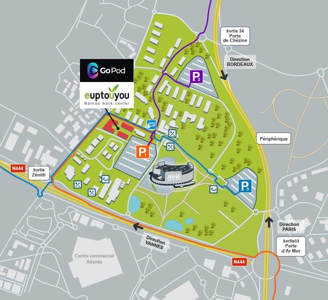 Plan d'accès aux studios GoPod : le bâtiment euptouyou rue Edith Piaf à Saint-Herblain, le parking gratuit P1 attenant, les sorties 34 Porte de Chézine et 33 Porte d'Ar Mor du périphérique, et la sortie Zénith depuis la N444.
